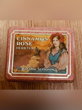 Vintage Celestial Seasonings Tea Tin Cinnamon Rose Herb Tea 1983